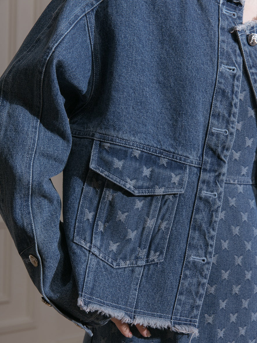 Raw Edge Jacquard Denim Jacket & Butterfly Suspender Skirt