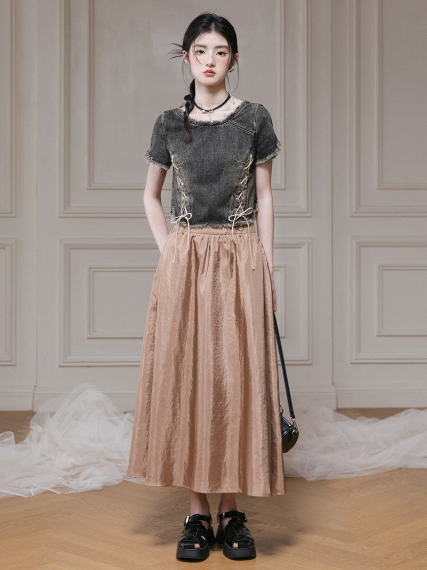 Distressed Washed Denim Lace-Up Top & Wrap Skirt Set-up