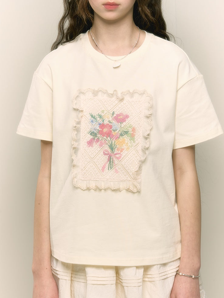 Bow Floral Patch Embroidered Loose Round Neck T-shirt