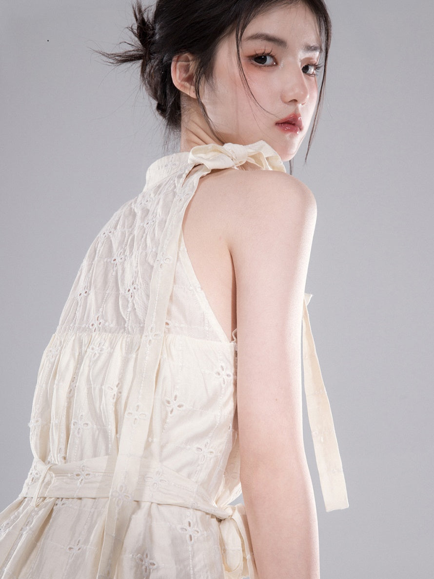 Hollow Cutwork Lace Hanging Neck One-piece