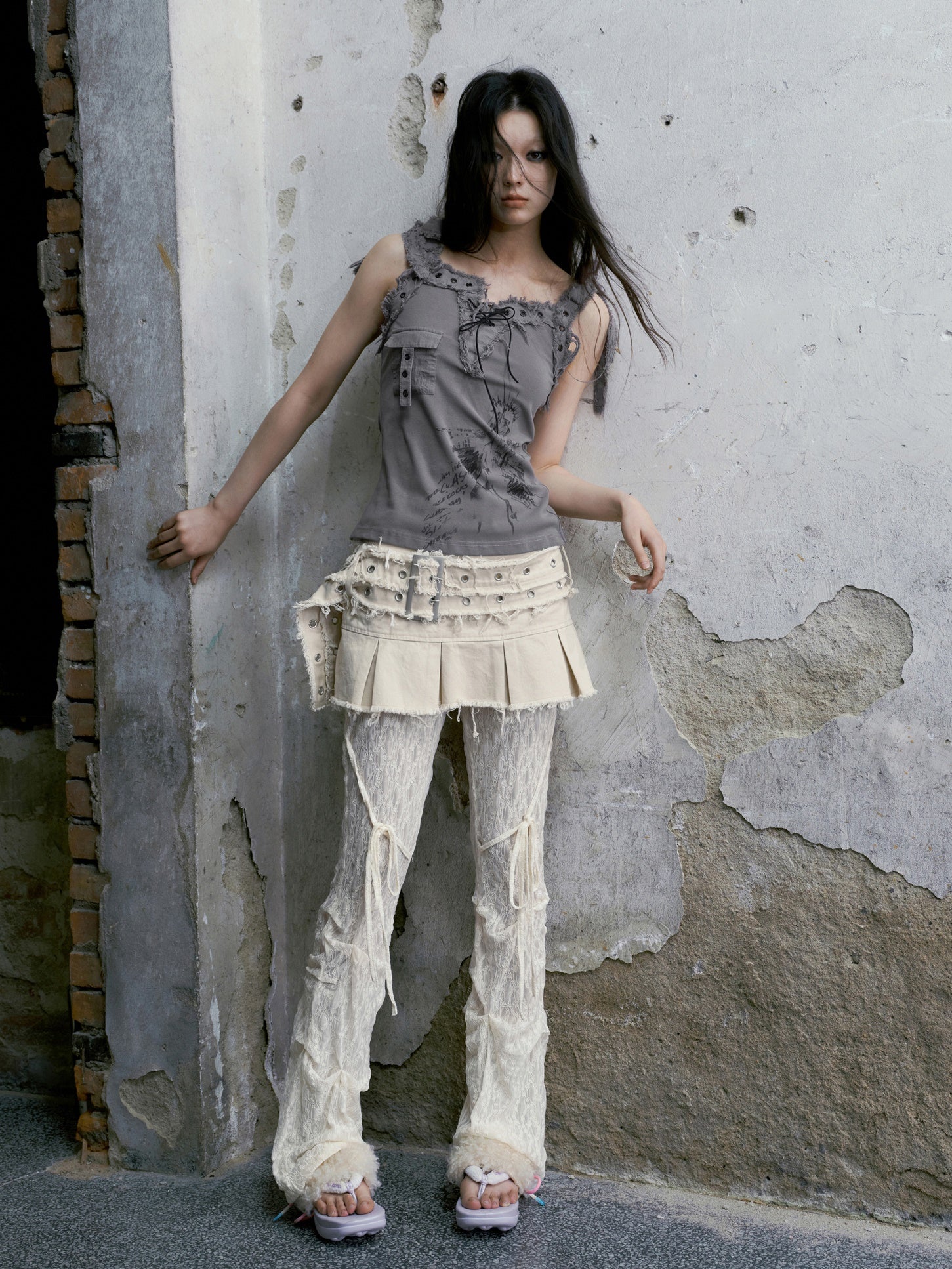 생 가장자리 데님 주름 치마