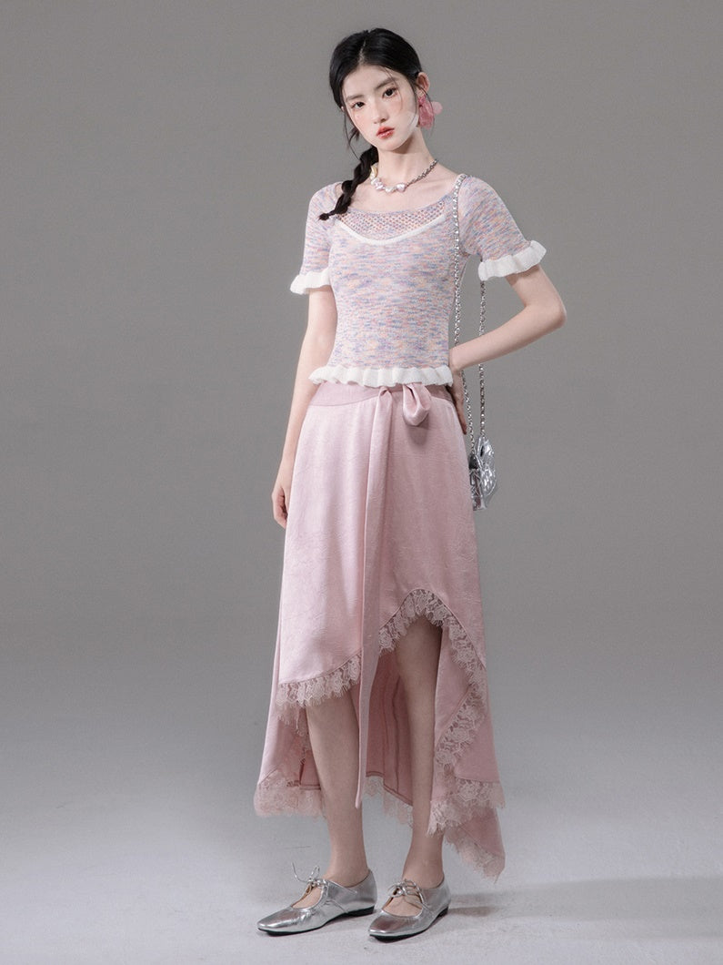 Embossed Satin Irregular Hem Skirt