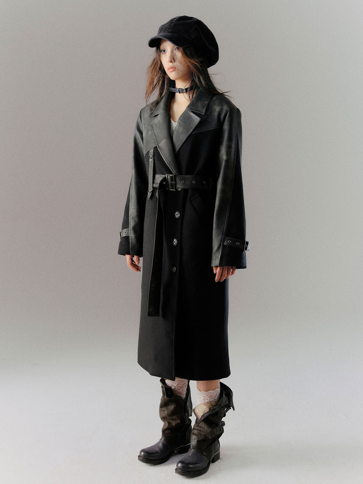 Tie-dye Leather Switching Belted Coat