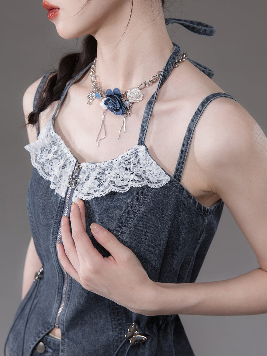 Double Strap Lace Stitch Denim Camisole & Wide-Leg Jeans Set-up