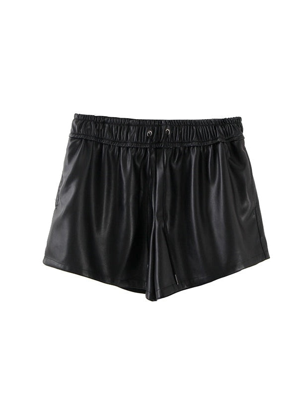탄성 허리 느슨한 PU 가죽 짧은 바지