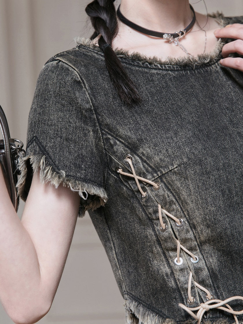 Distressed Washed Denim Lace-Up Top & Wrap Skirt Set-up