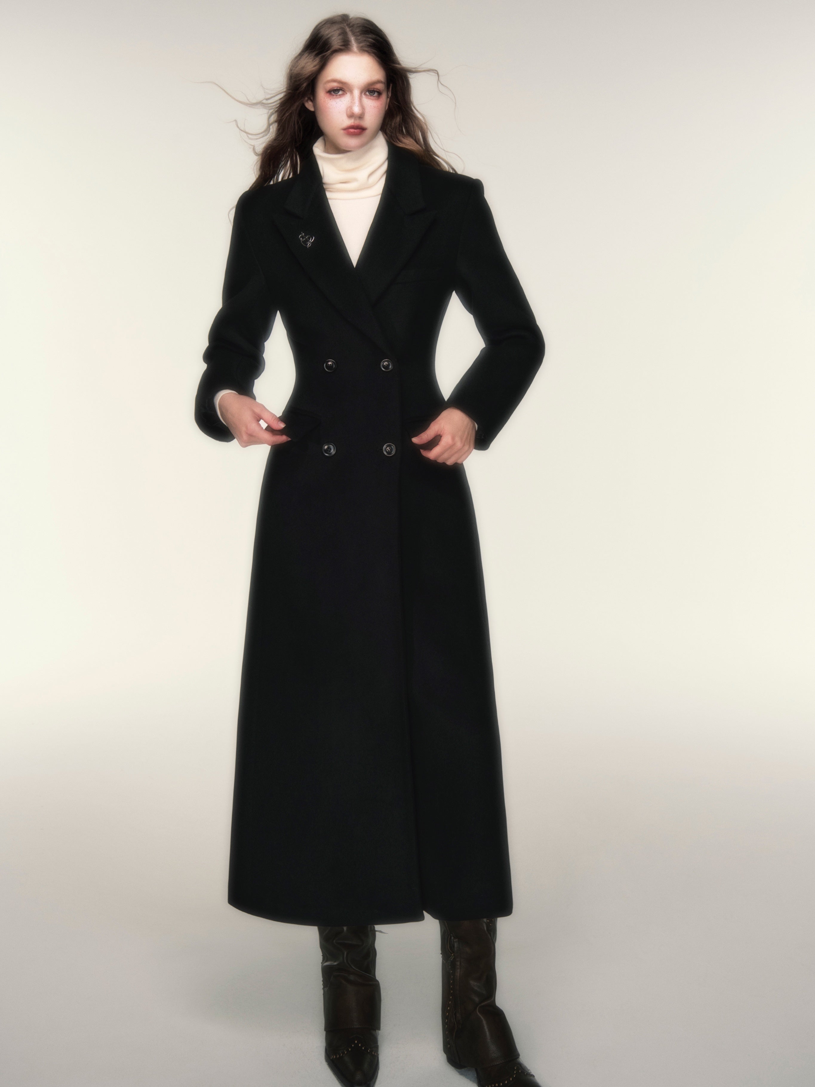 모래 시계 허리 더블 버튼 롱 코트