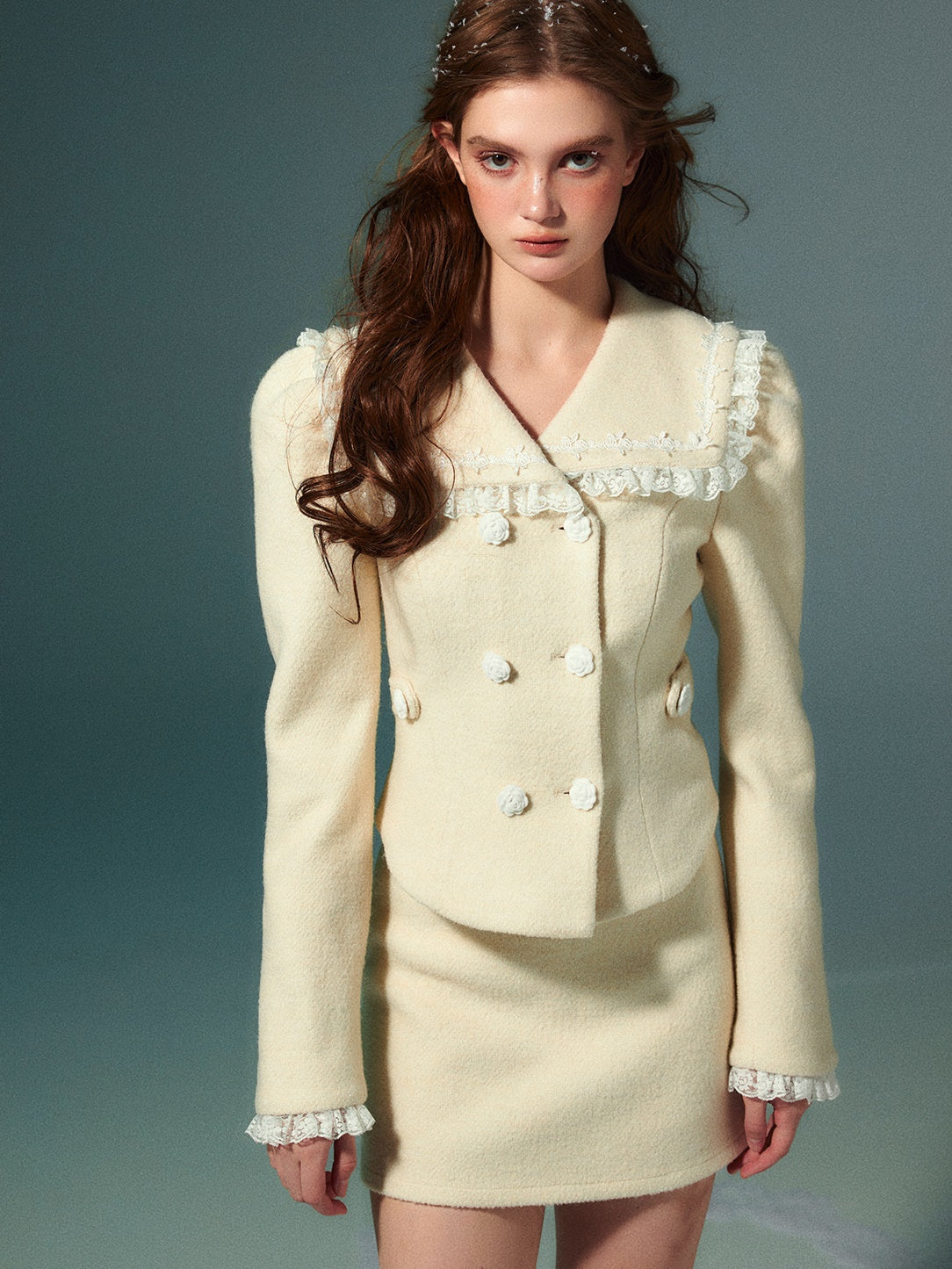 Lace Navy Collar Double-Blest Jacket & Skirt