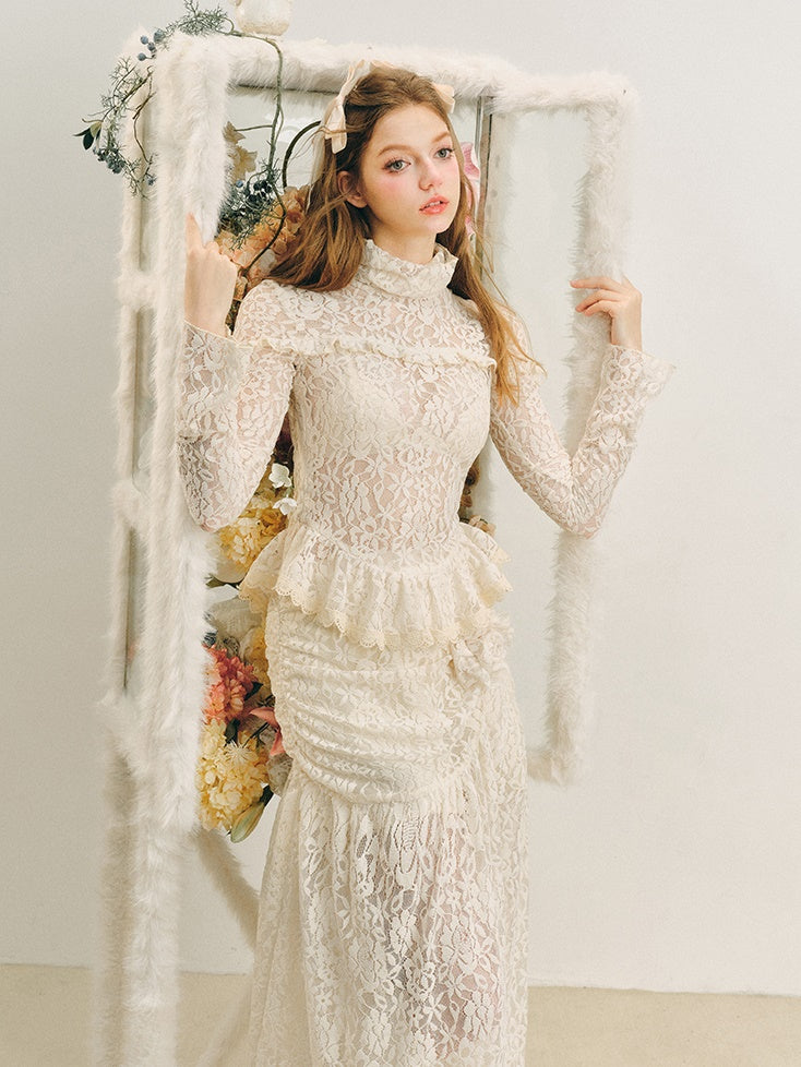 Lace High-Neck Peplum Design Top & Embroidered Lace Skirt