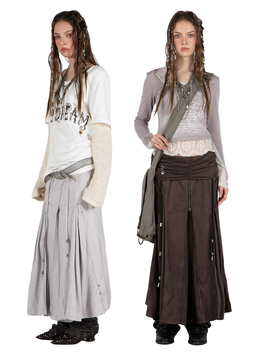 모방 스웨이드 로우 웨이스트 주름 중간 스커트