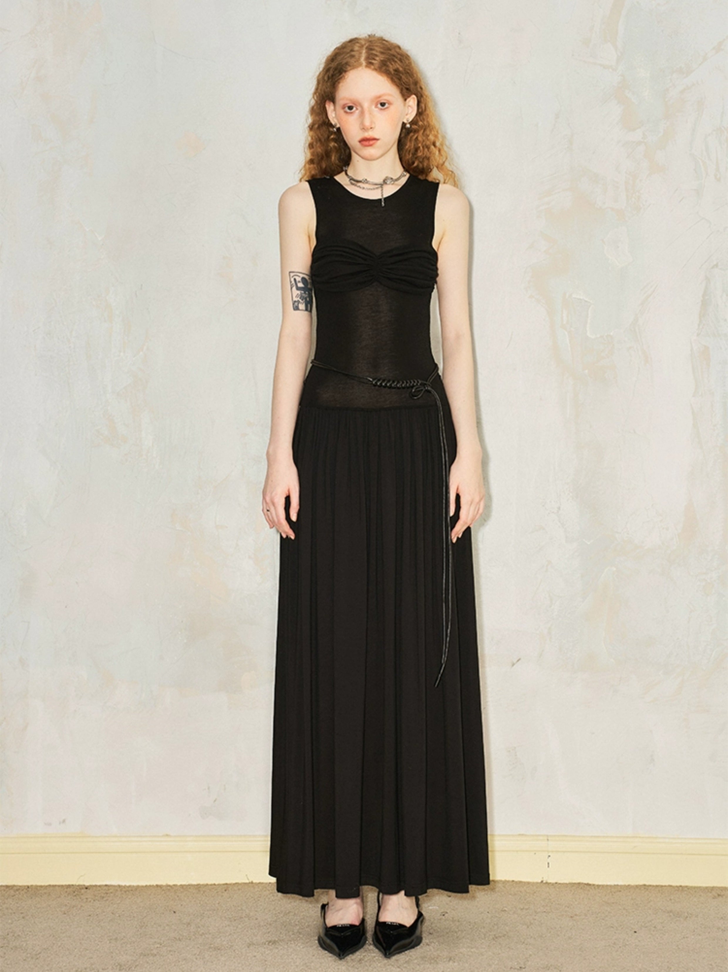 Pleated Draped Sheer Sleeveless Long Dress
