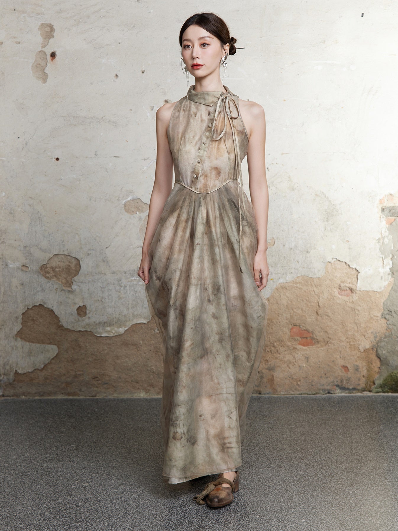 Chinese Style Waist Vase Cowl Dress