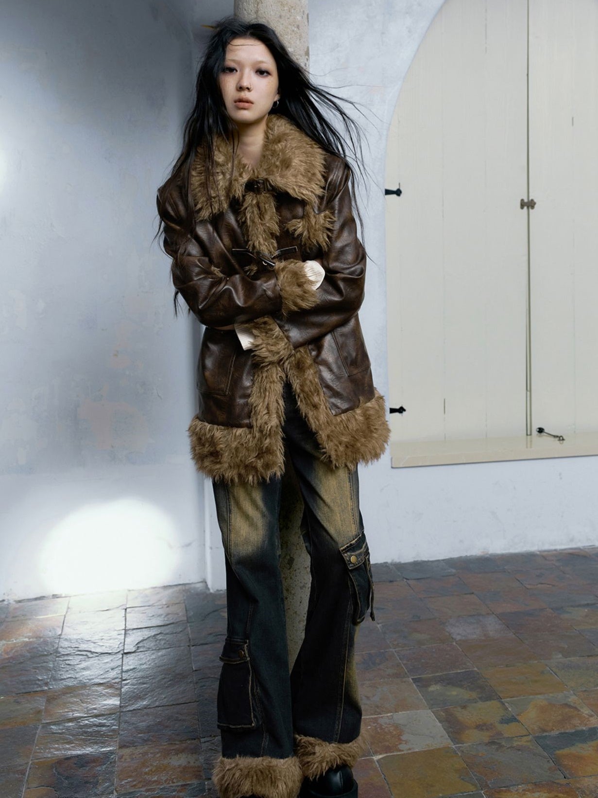 Fur Stitch Washed Distressed Denim Flare Pants