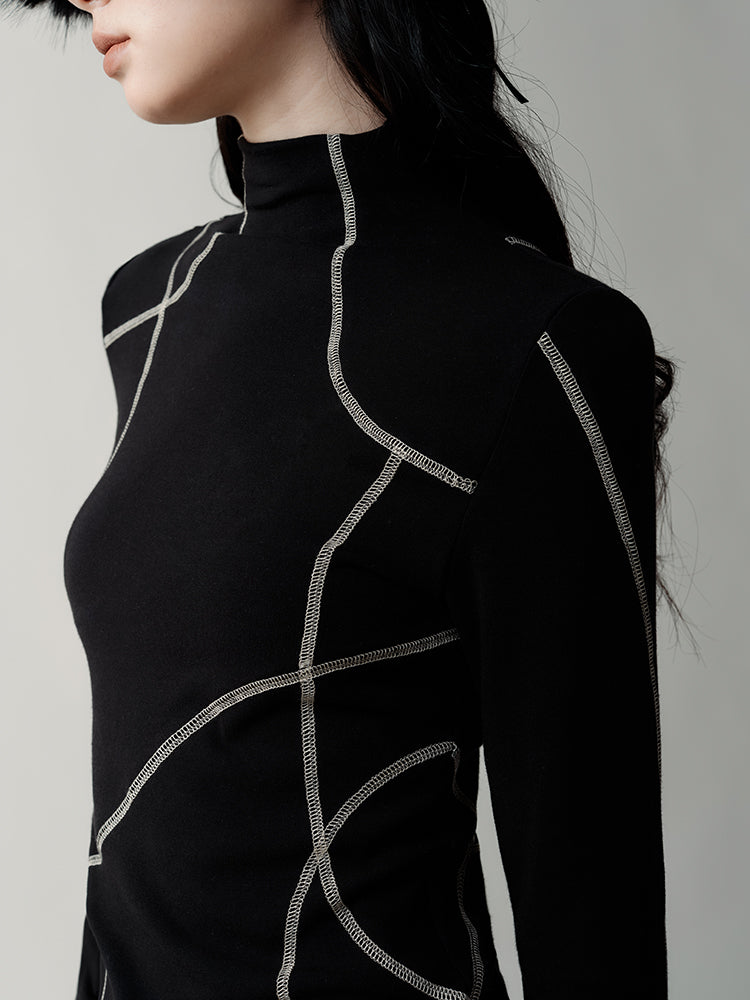 High Neck Asymmetric Contrast Color Line Cutsew