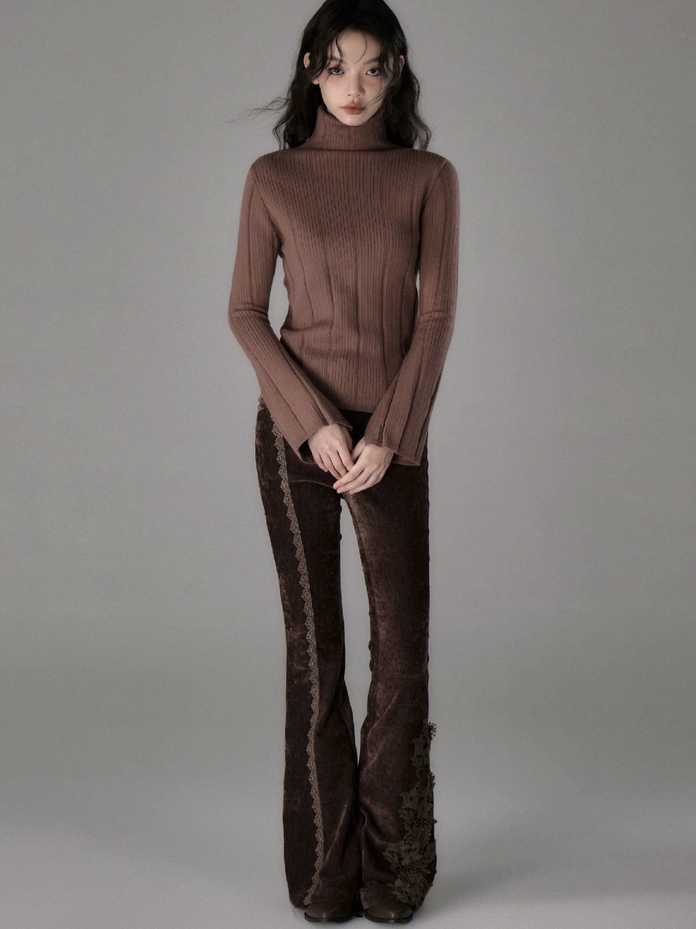 Lace Stitch Elastic Slim Velvet Bootcut Pants