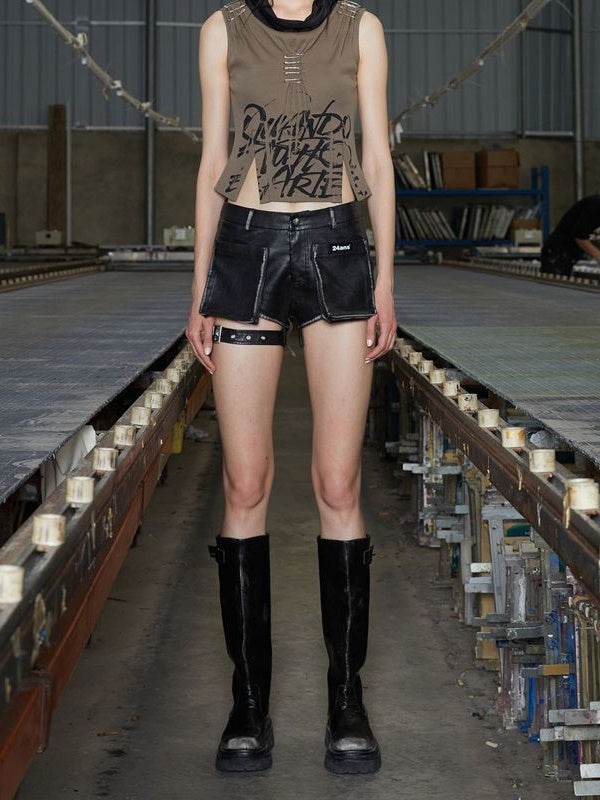 Straps PU Leather Short Pants