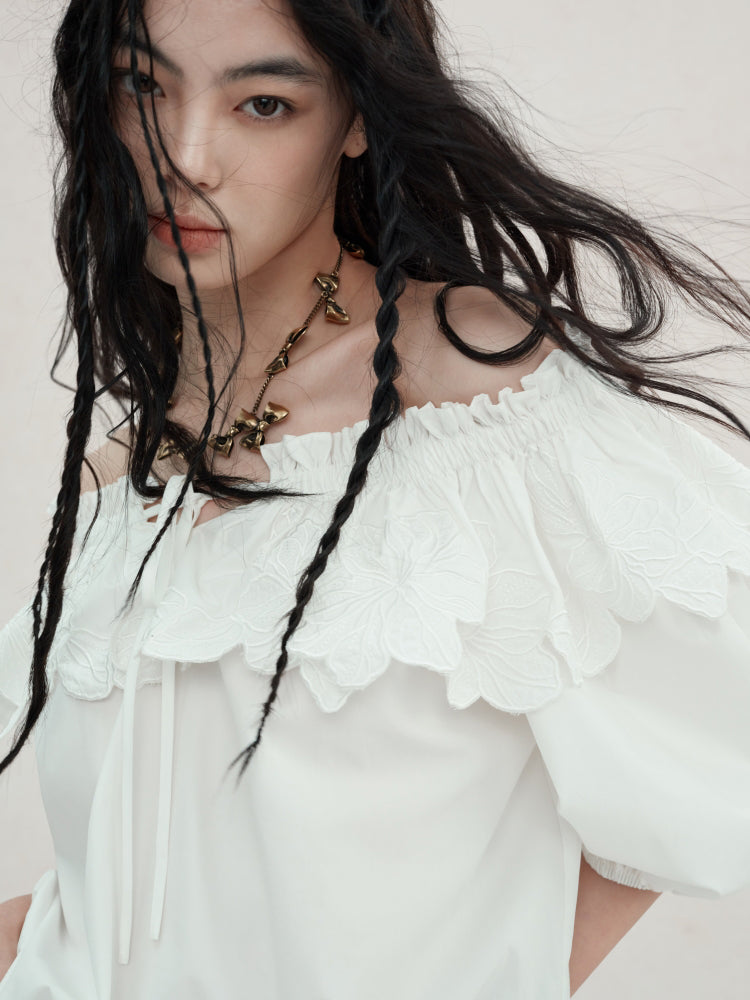 Carved Flower Lace Off-Shoulder Top & Embroidered Skirt