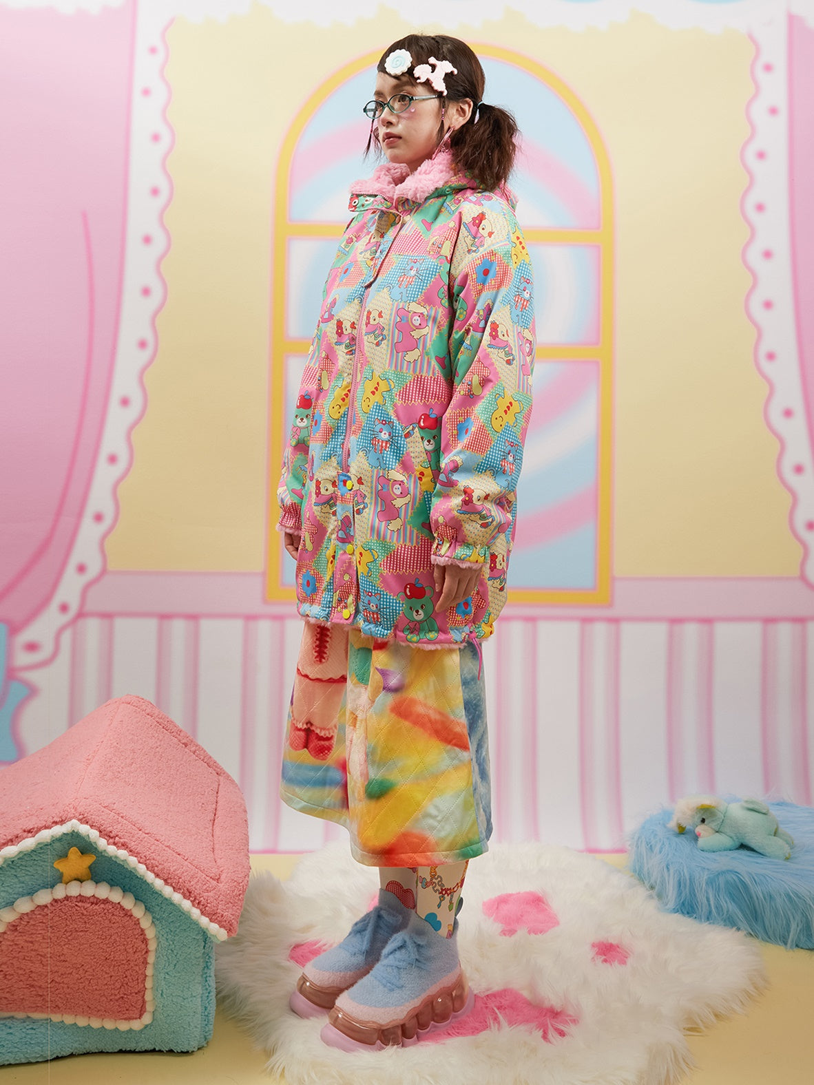 귀여운 인쇄 양면 보아 후드 코트