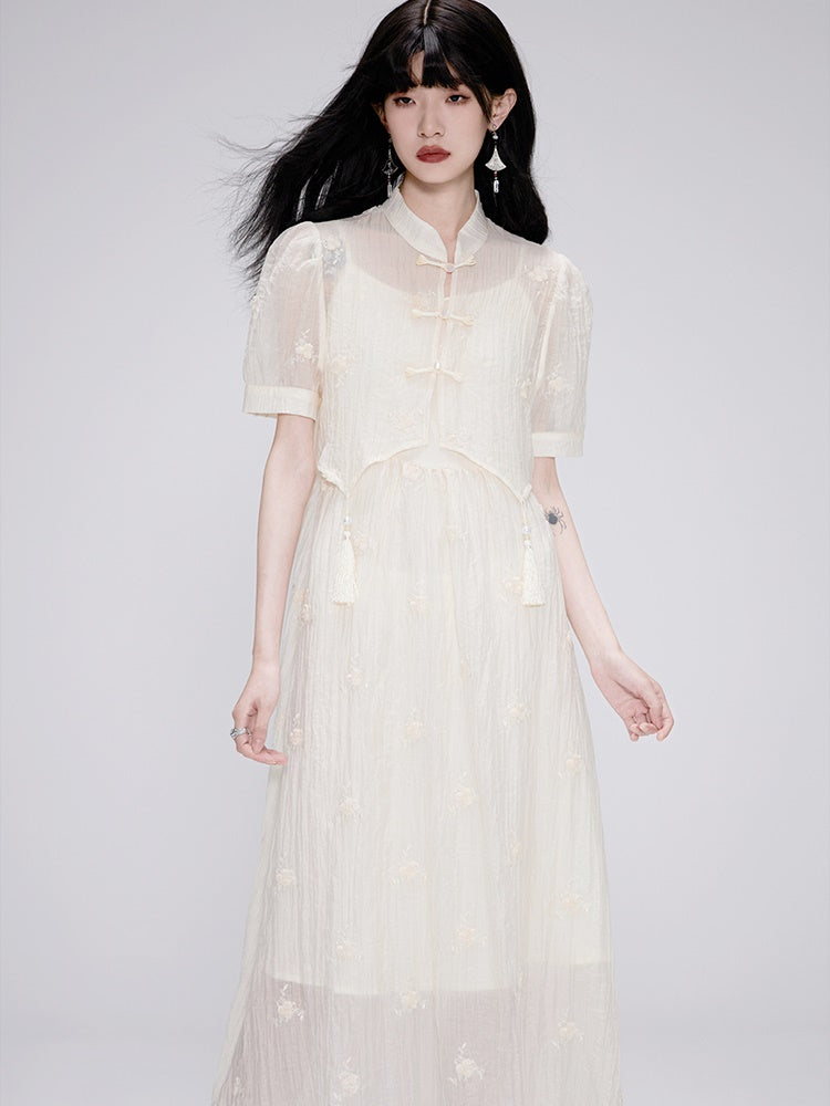 자수 중국 스타일 슬리브 탑 & 슬링 드레스