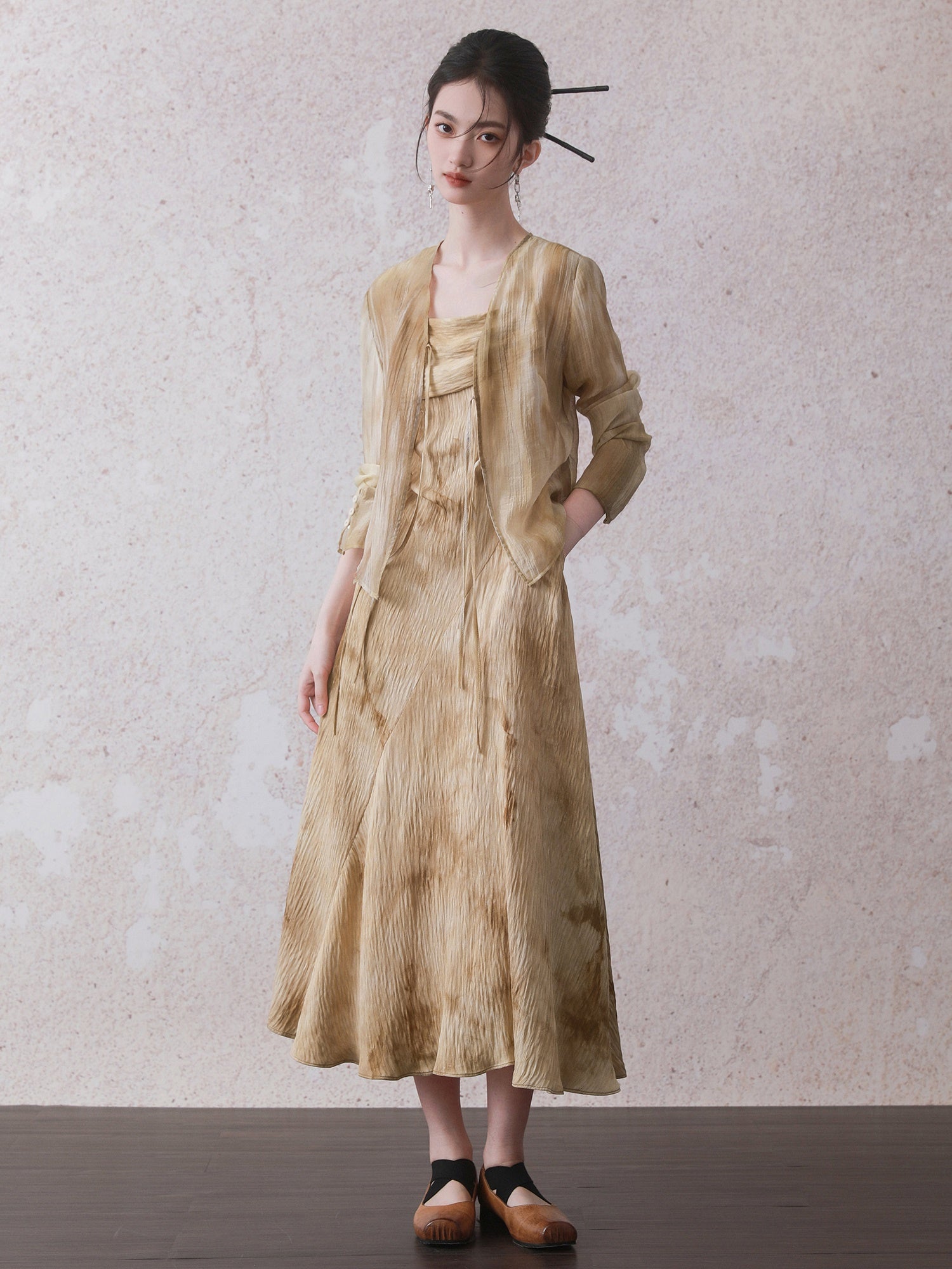 Tie-dye Washer Suspender Long Dress & Shirt Cardigan