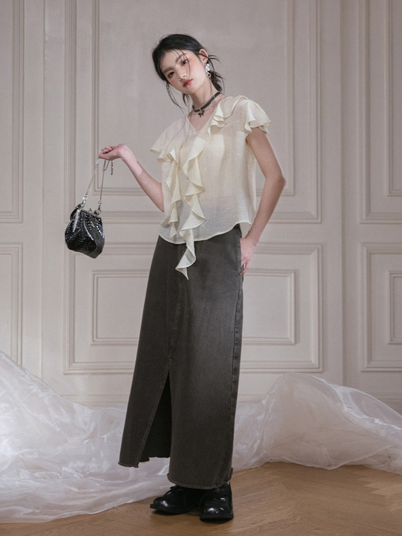 Romantic Curve Ruffle Chiffon Shirt & Tube Top Set-up