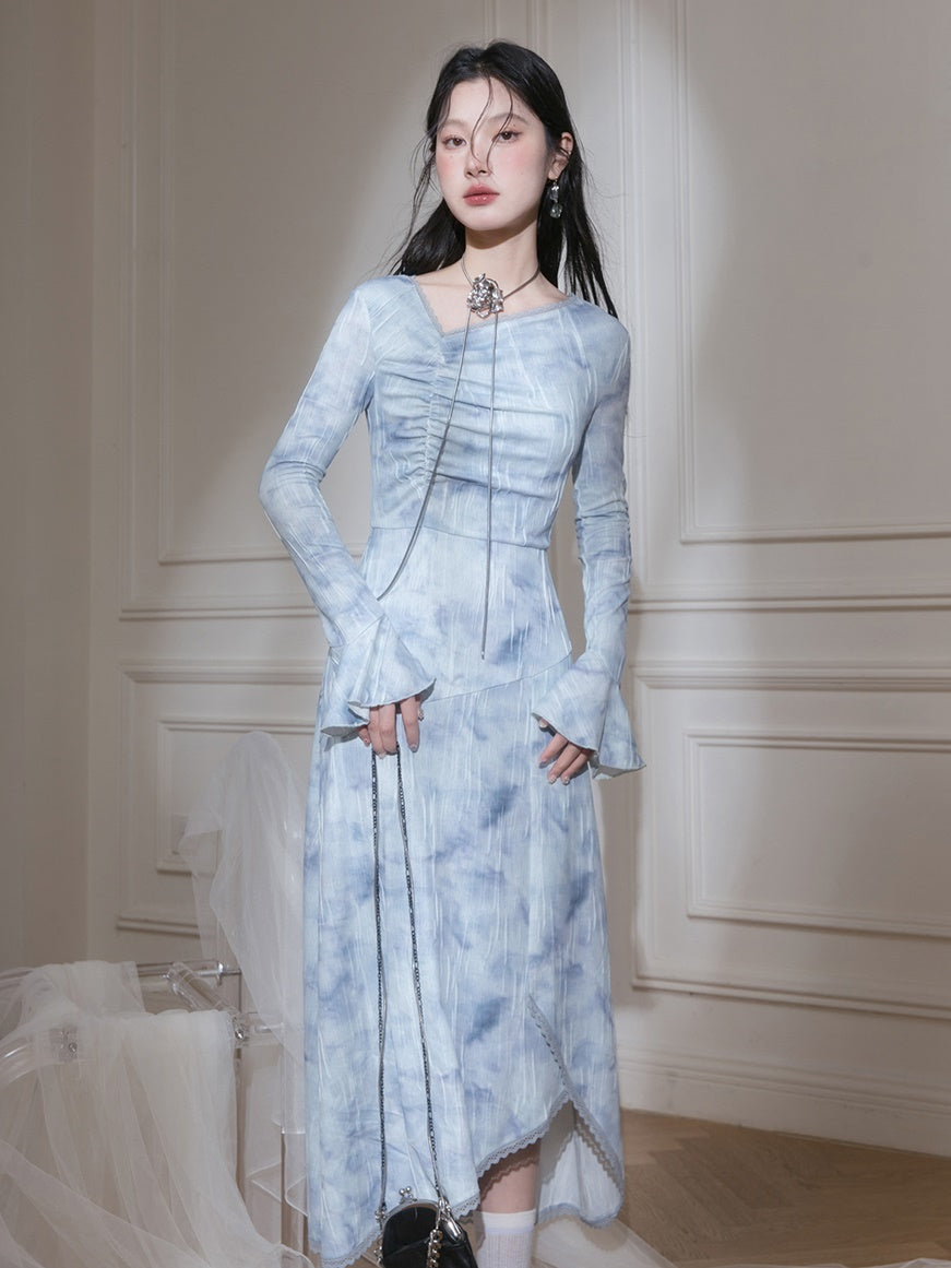 번지 인쇄 스트레치 타이트 드레스