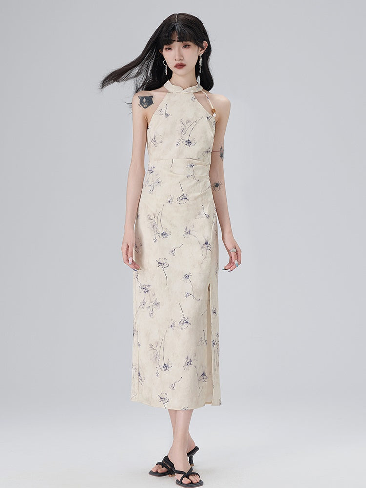 Floral American Sleeve Cheongsam Long Dress