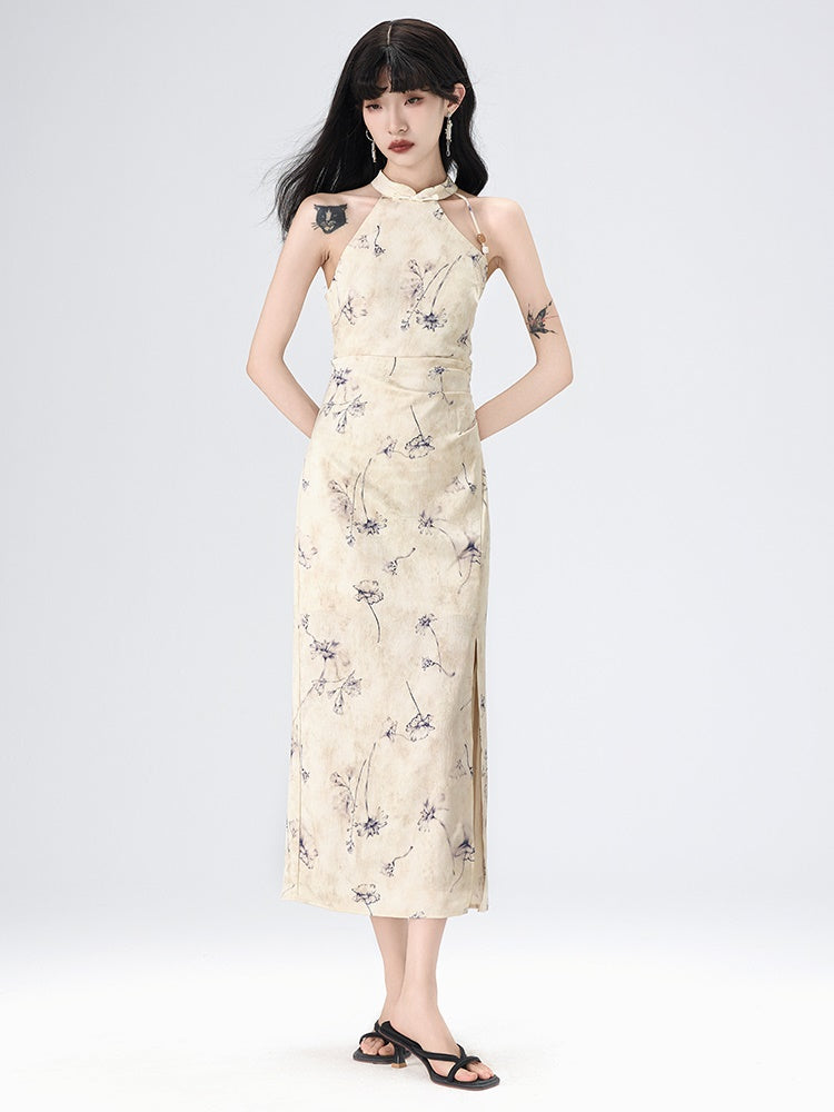 Floral American Sleeve Cheongsam Long Dress