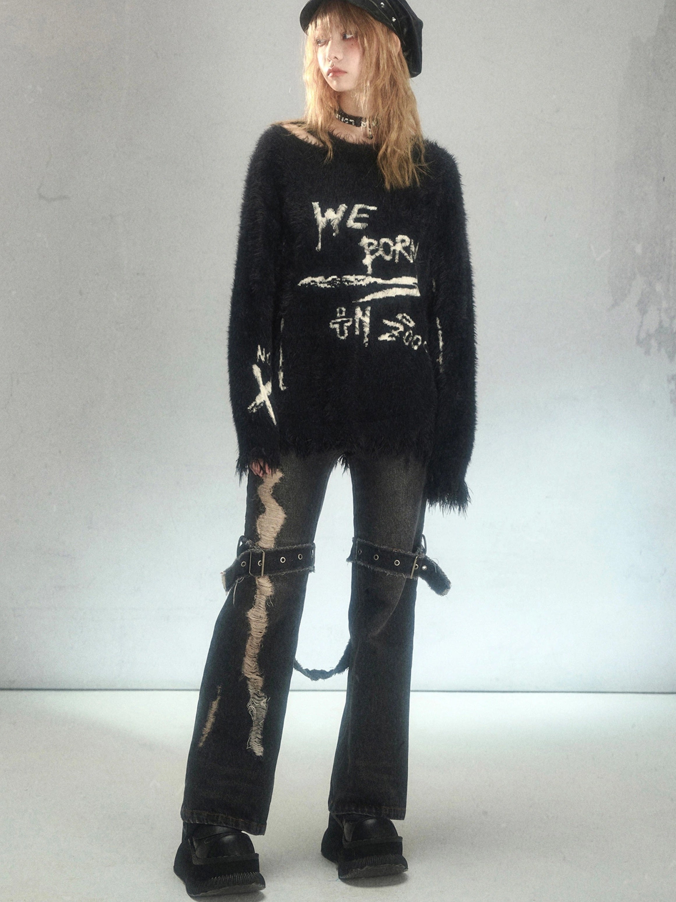 Punk Raw Edge Ripped Holes Flared Denim Trousers