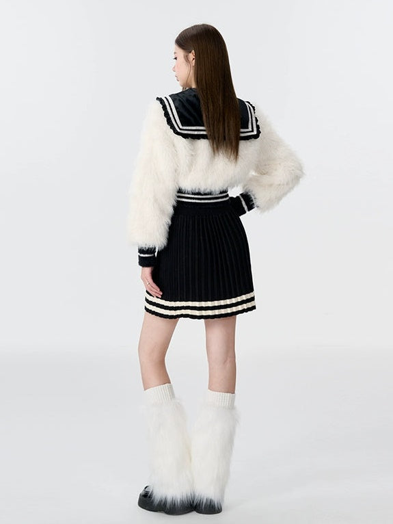 Navy Collar Imitation Fur Short Jacket