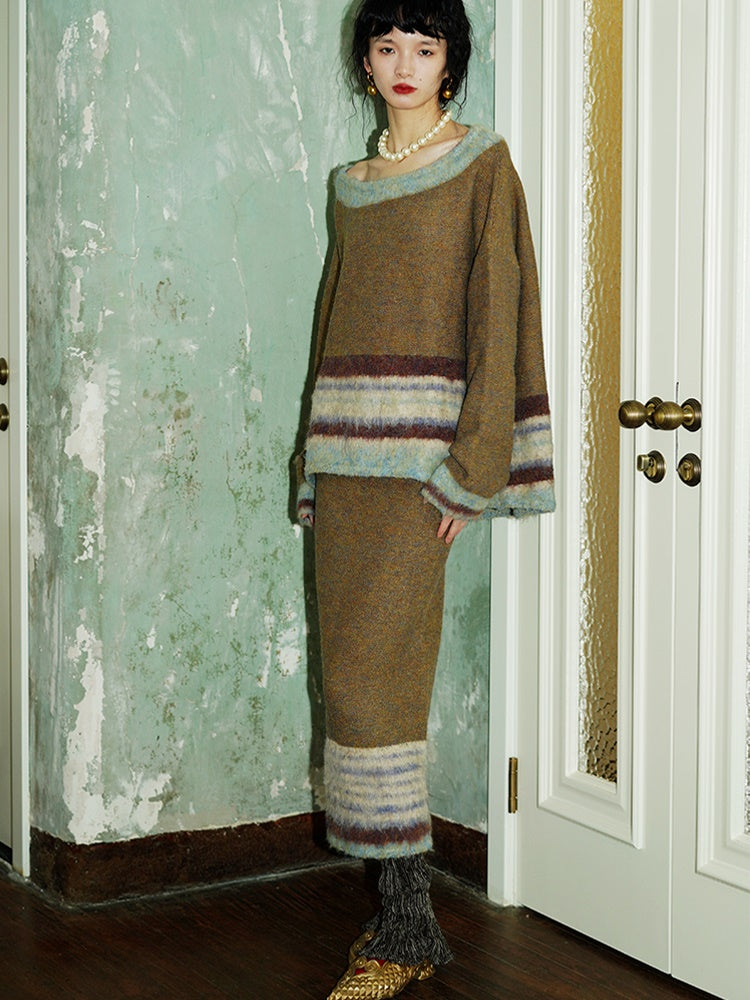 Contrast Color Border Design Loose Sweater & Knitted Skirt