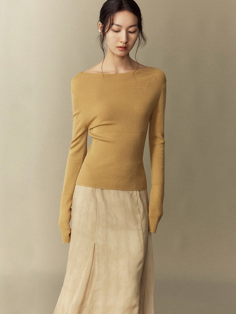 Simple Smooth Rib Boat-Neck Slim Classy Knit