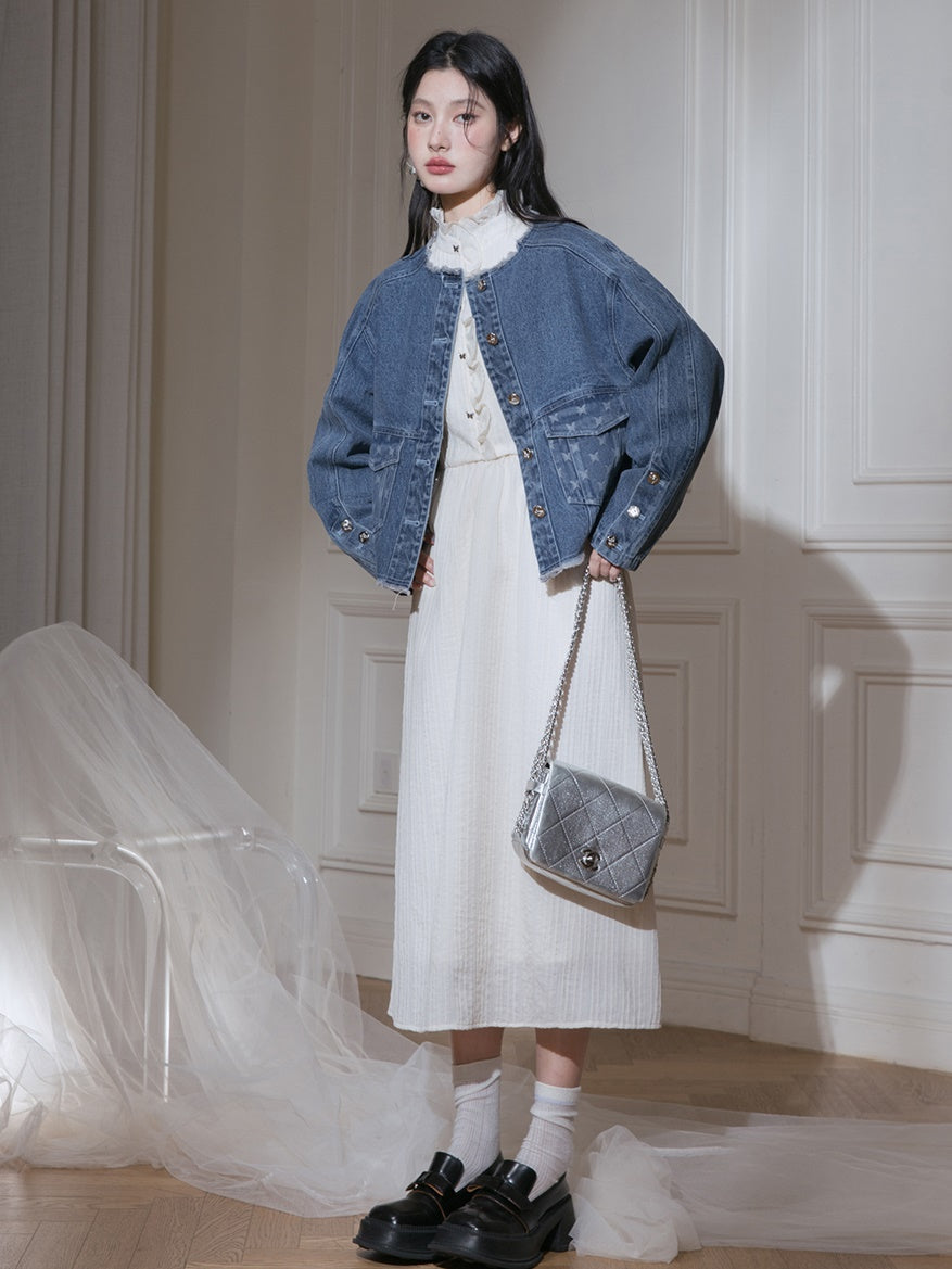 Raw Edge Jacquard Denim Jacket & Butterfly Suspender Skirt