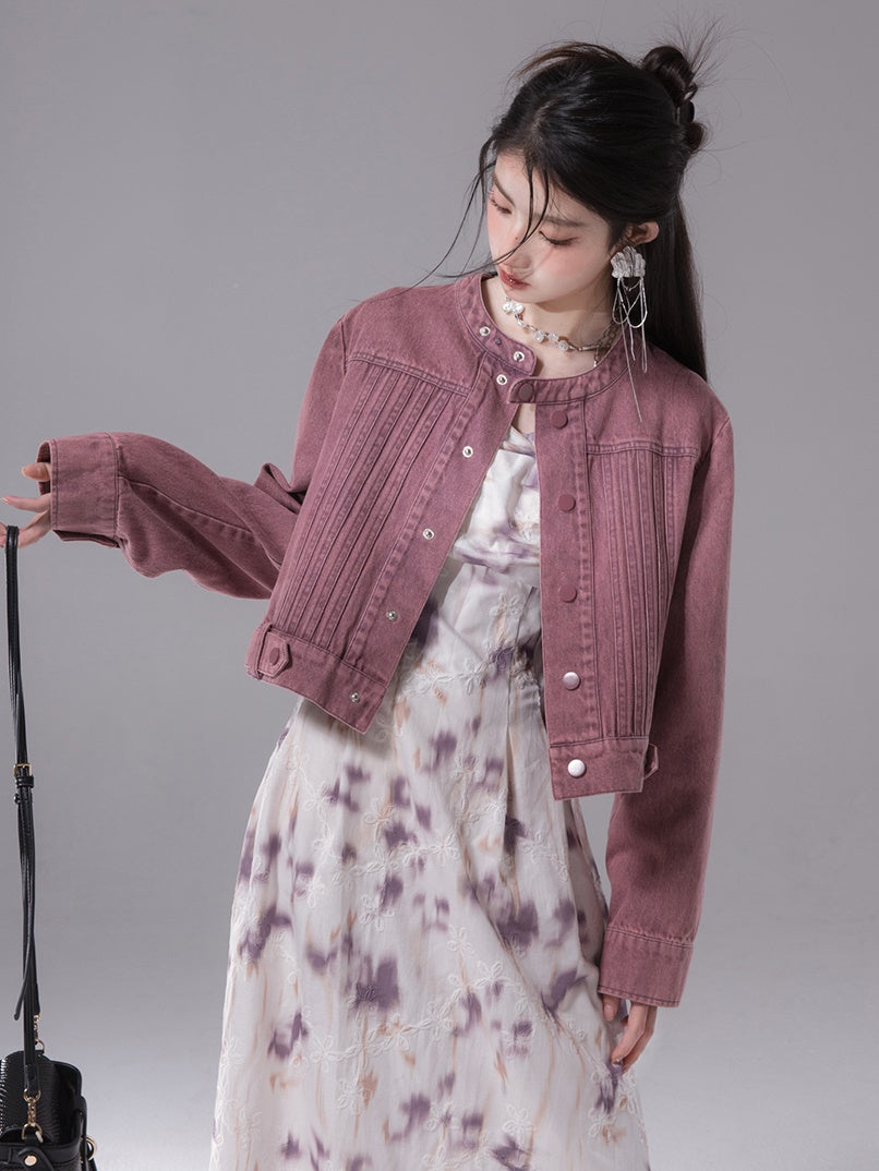 No-Collar Colored Denim Short Jacket