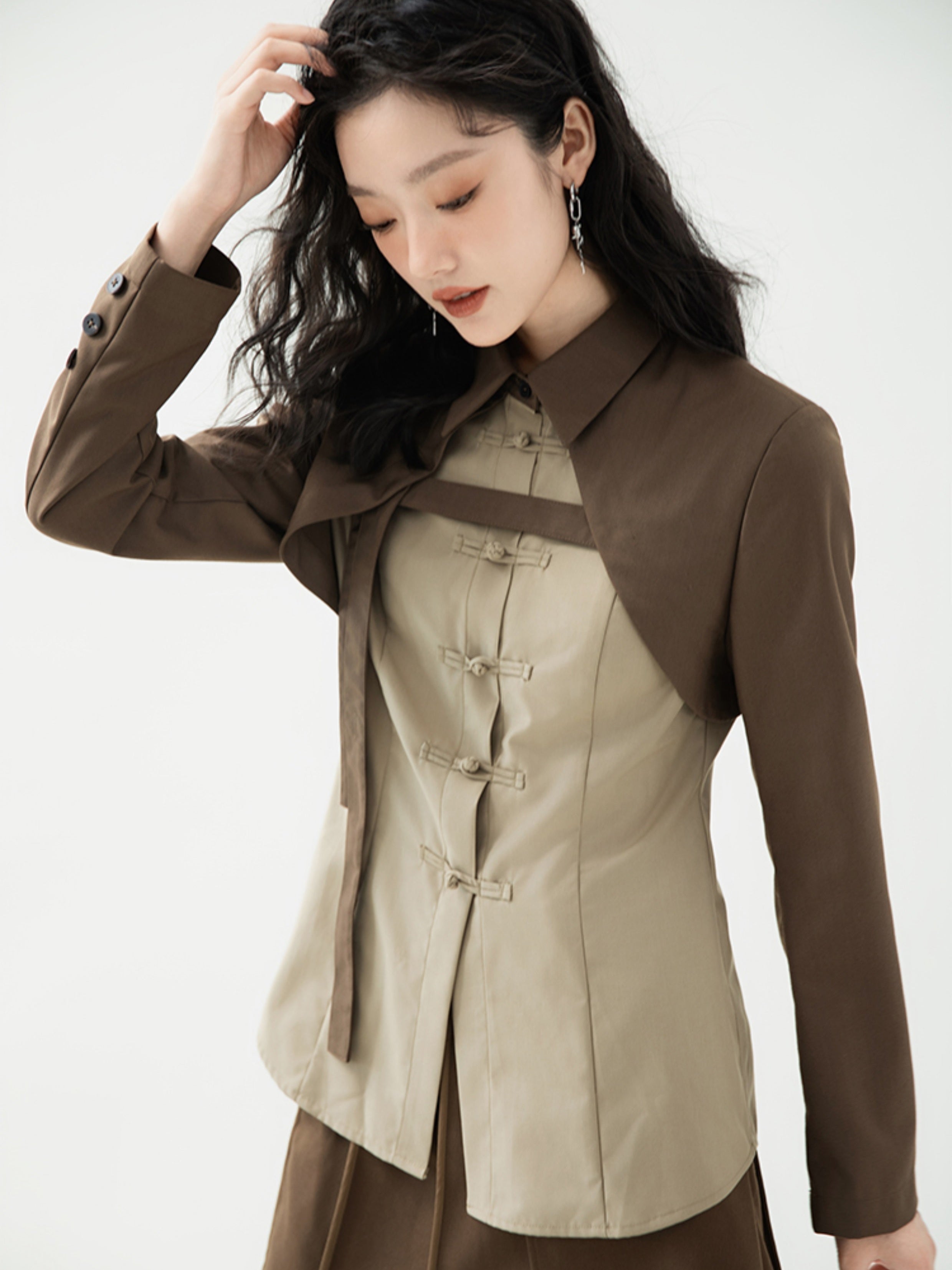 중국 버클 콘트라스트 컬러 페이크 2피스 셔츠