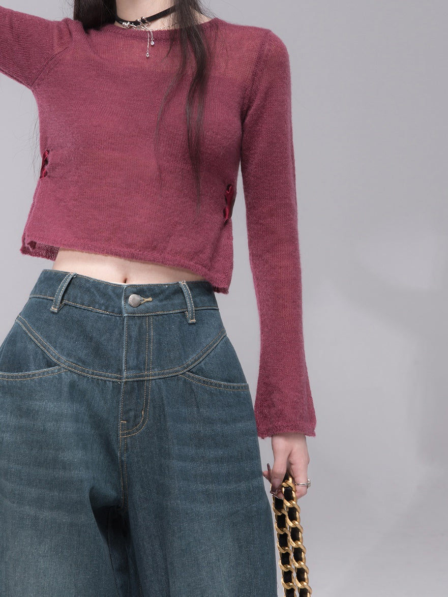 Wavy Split Line Retro Wide-leg Jeans
