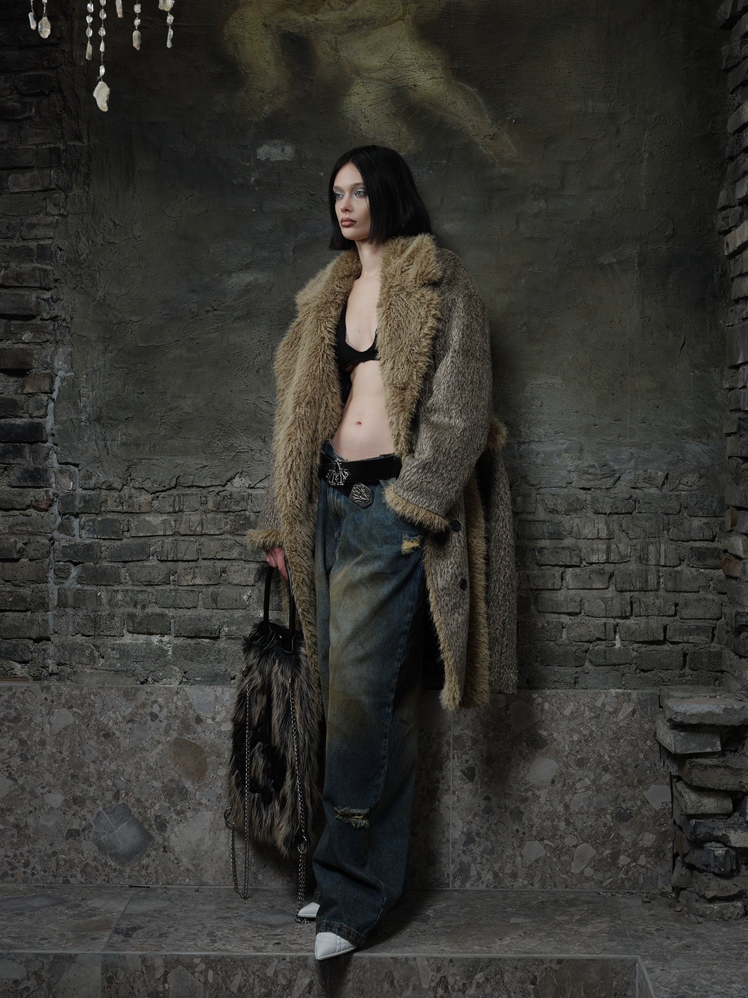 Large Collar Plus Velvet Belted Coat