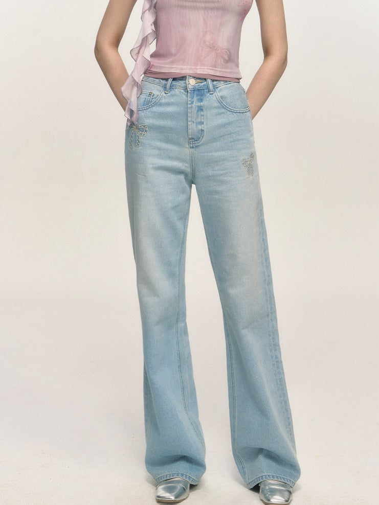Embroidered Washed Distrssed Straight Loose Denim