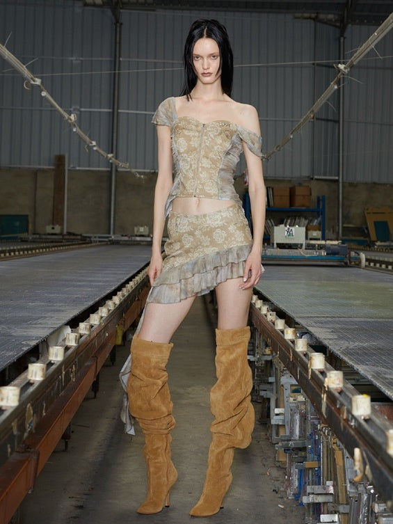 Florale französische Ärmelzip-up-Top & Rammstichrock