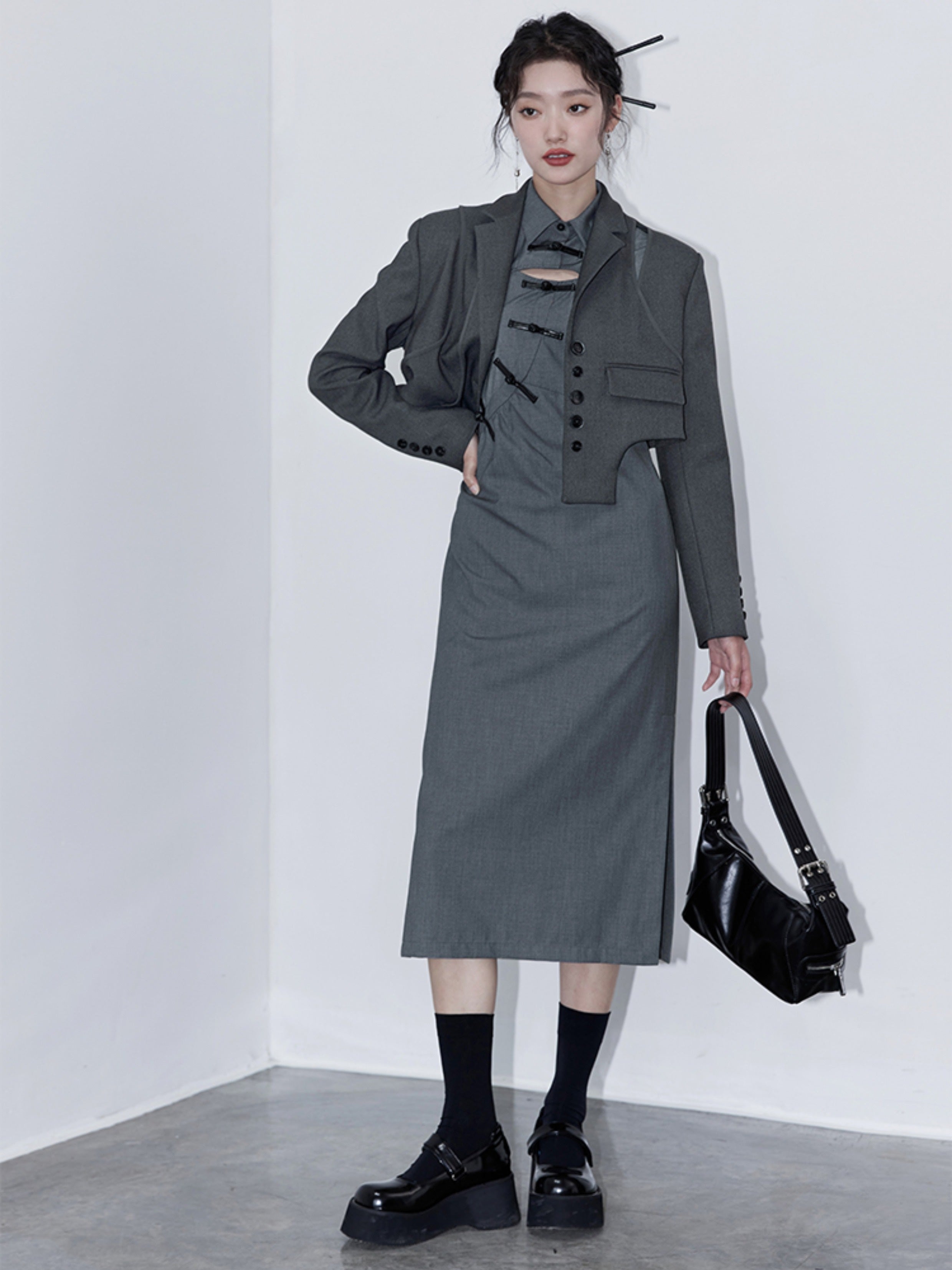 College Style Design Jacket & Pleated Skirt & Jacquard Shirt