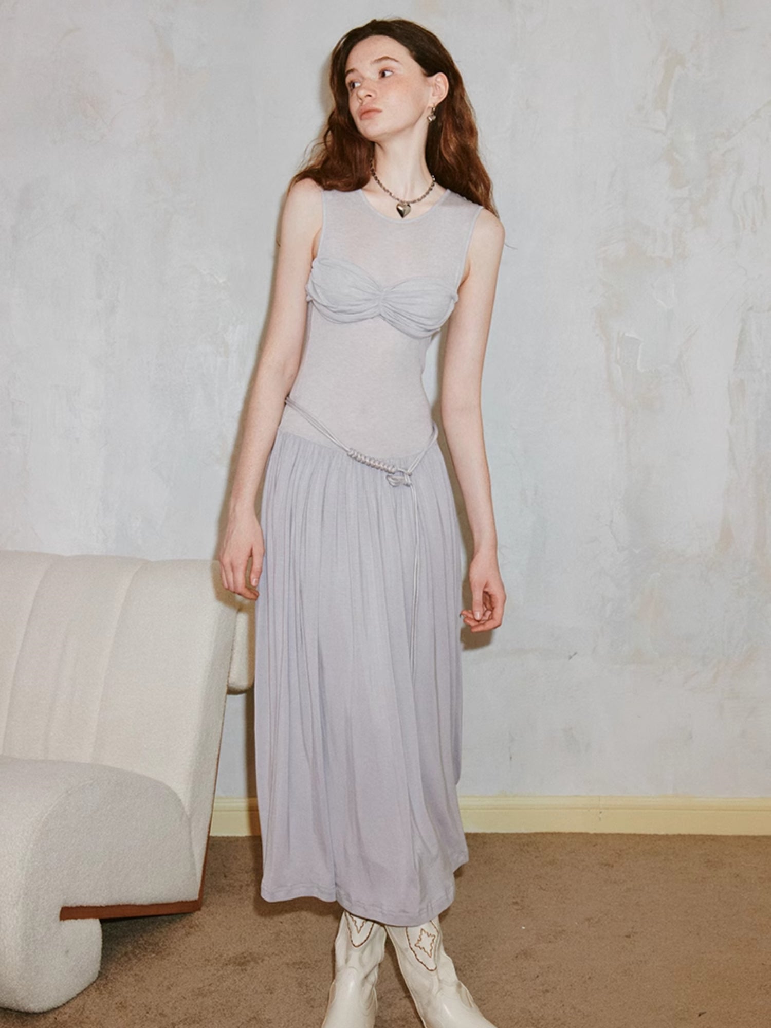 Pleated Draped Sheer Sleeveless Long Dress