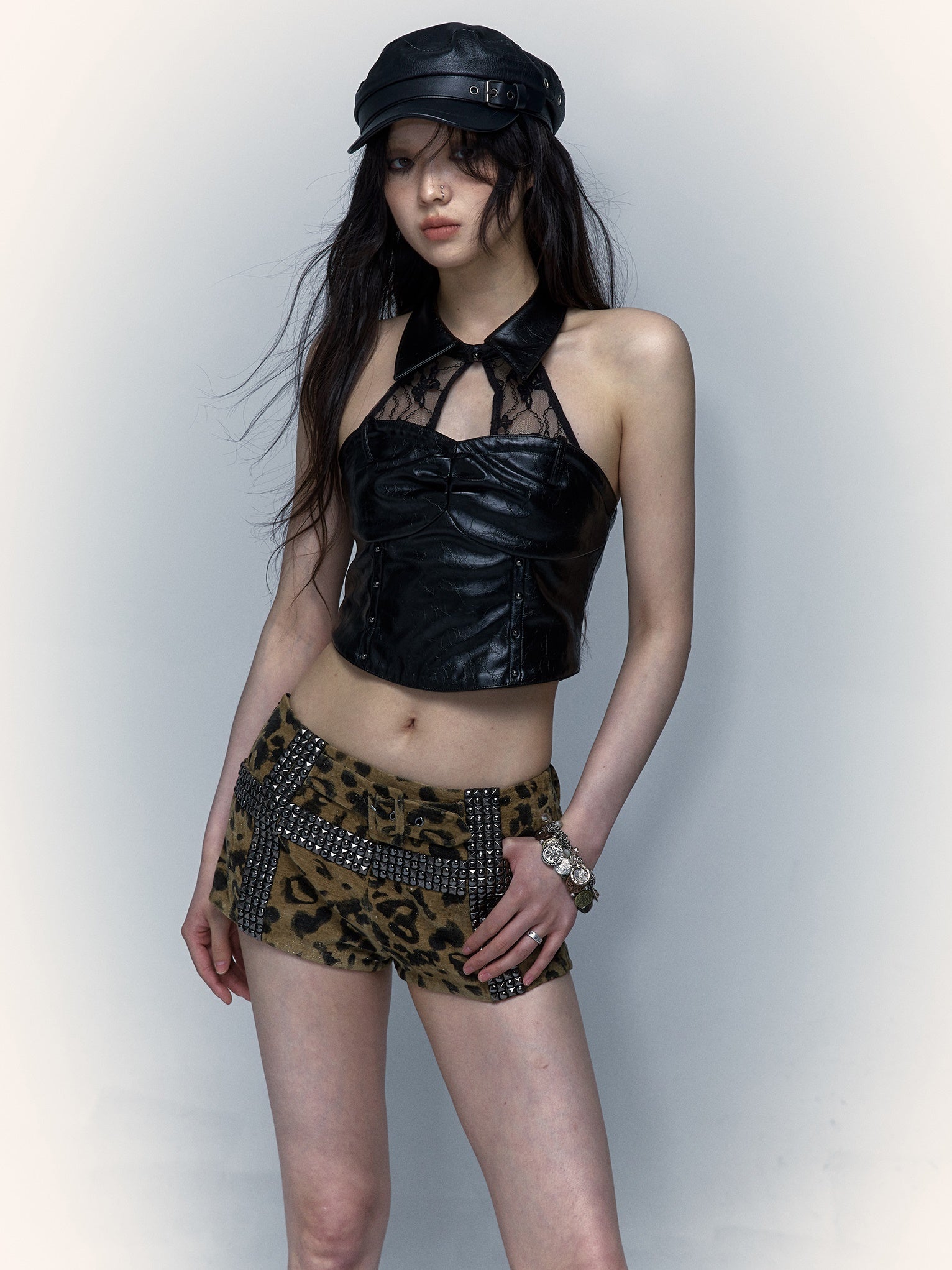 Stamping Rivets Leopard Print Hot Pants