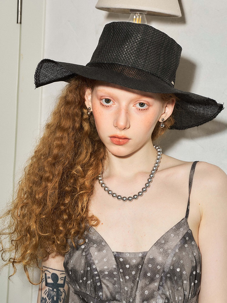 Large Brim Metal Label Woven Hat