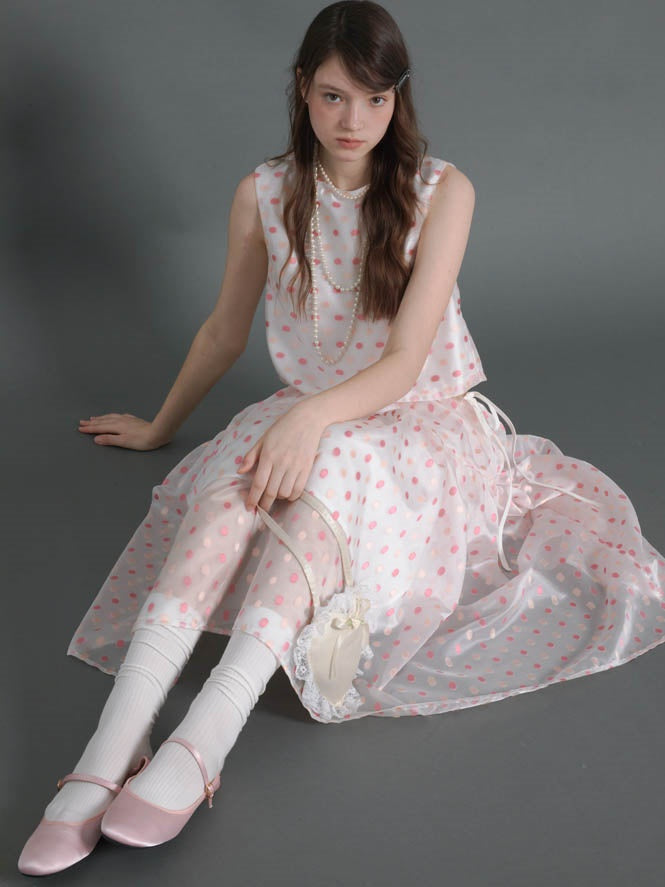 Polka Dot Sleeveless Back Ribbon Top & Gather Fluffy Skirt
