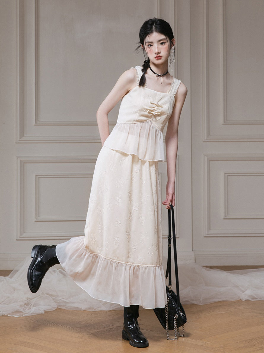 Jacquard Gauze Switching Camisole Top & Ruffle Skirt Set-up
