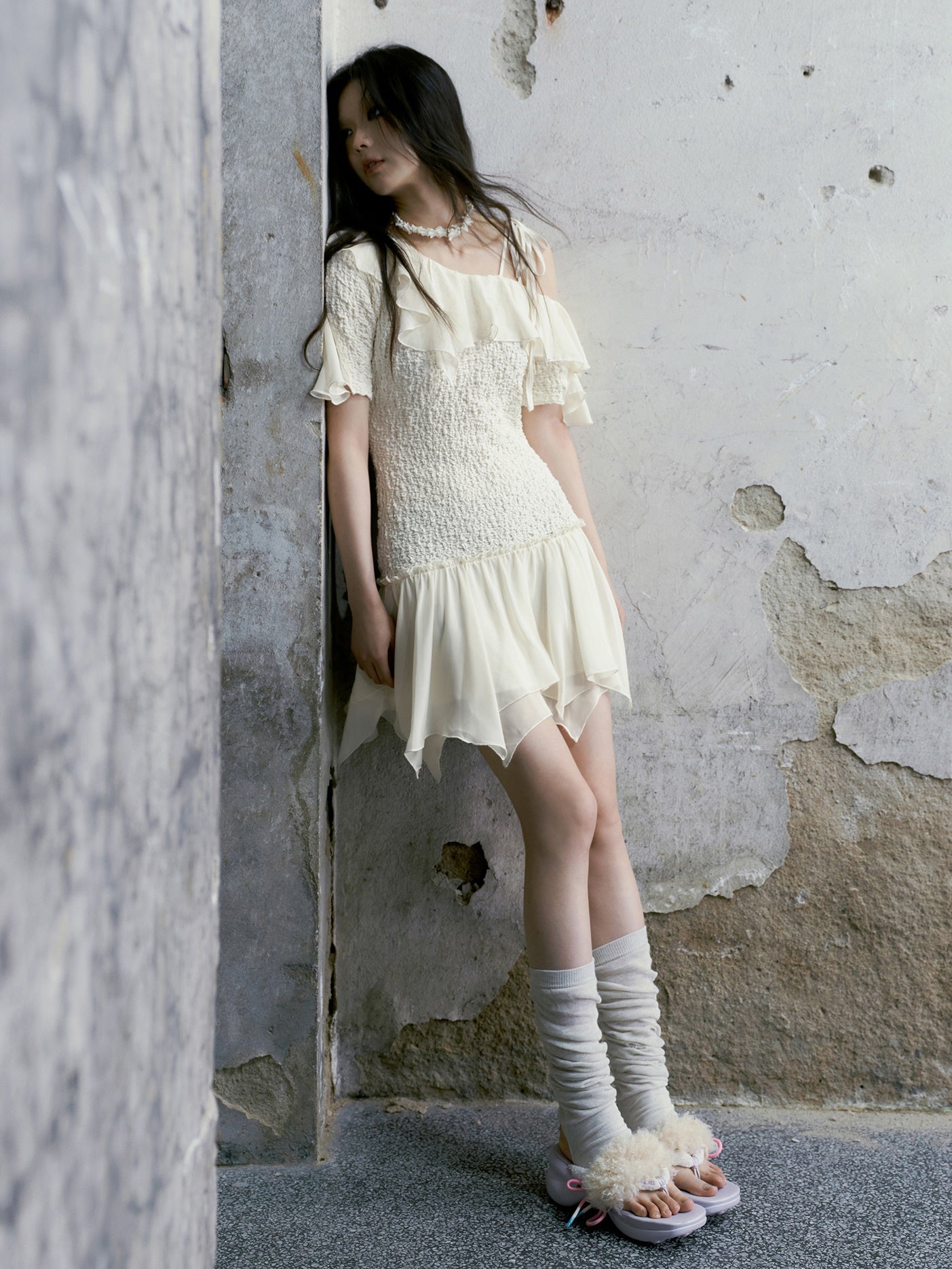 One-Shoulder Washer Frill Dress