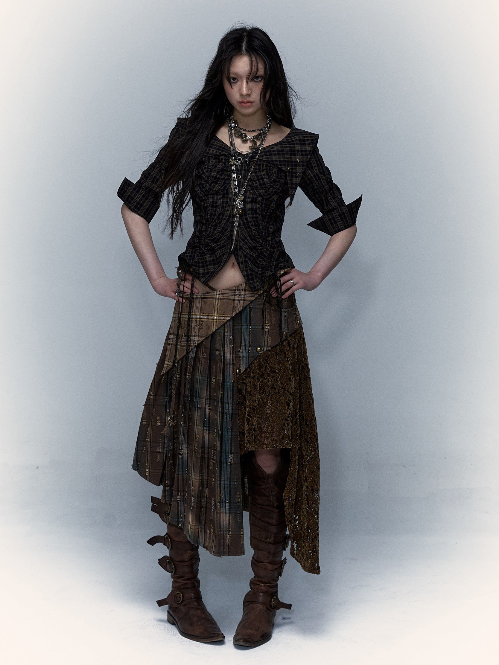 Palace Distressed Pleated Plaid Short Mid-sleeve Shirt