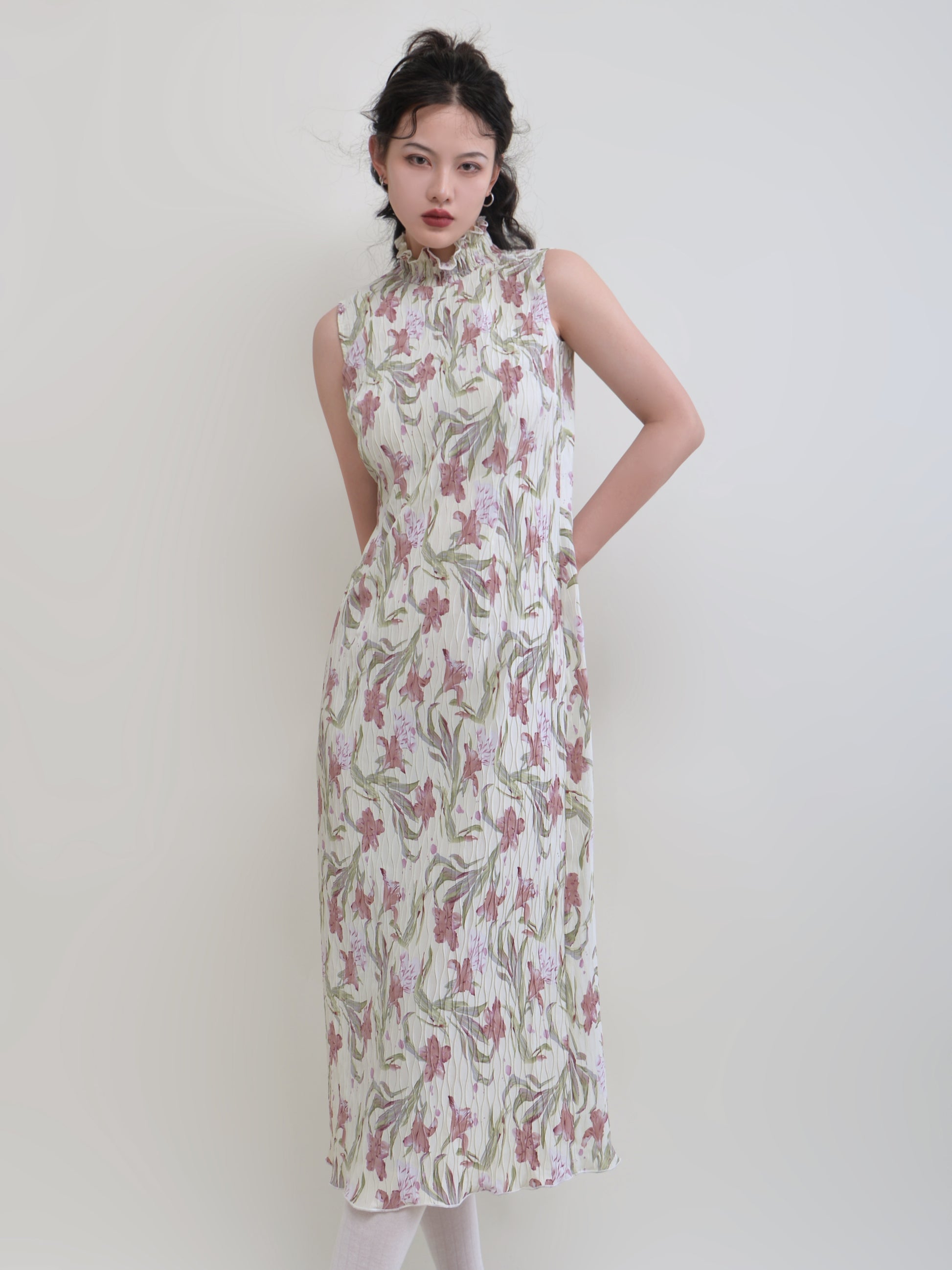 Stand Collar Printing Flower Sleeveless Dress