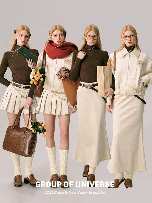 Velvet Swing Top Blouson & Mini Pleated Skirt & Long Mermaid Skirt