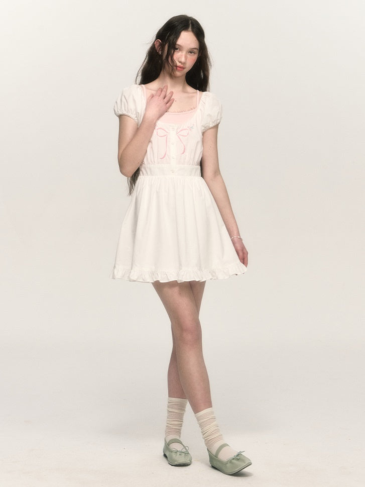 French Retro Bow Embroidery Puff Sleeve A-line One-piece